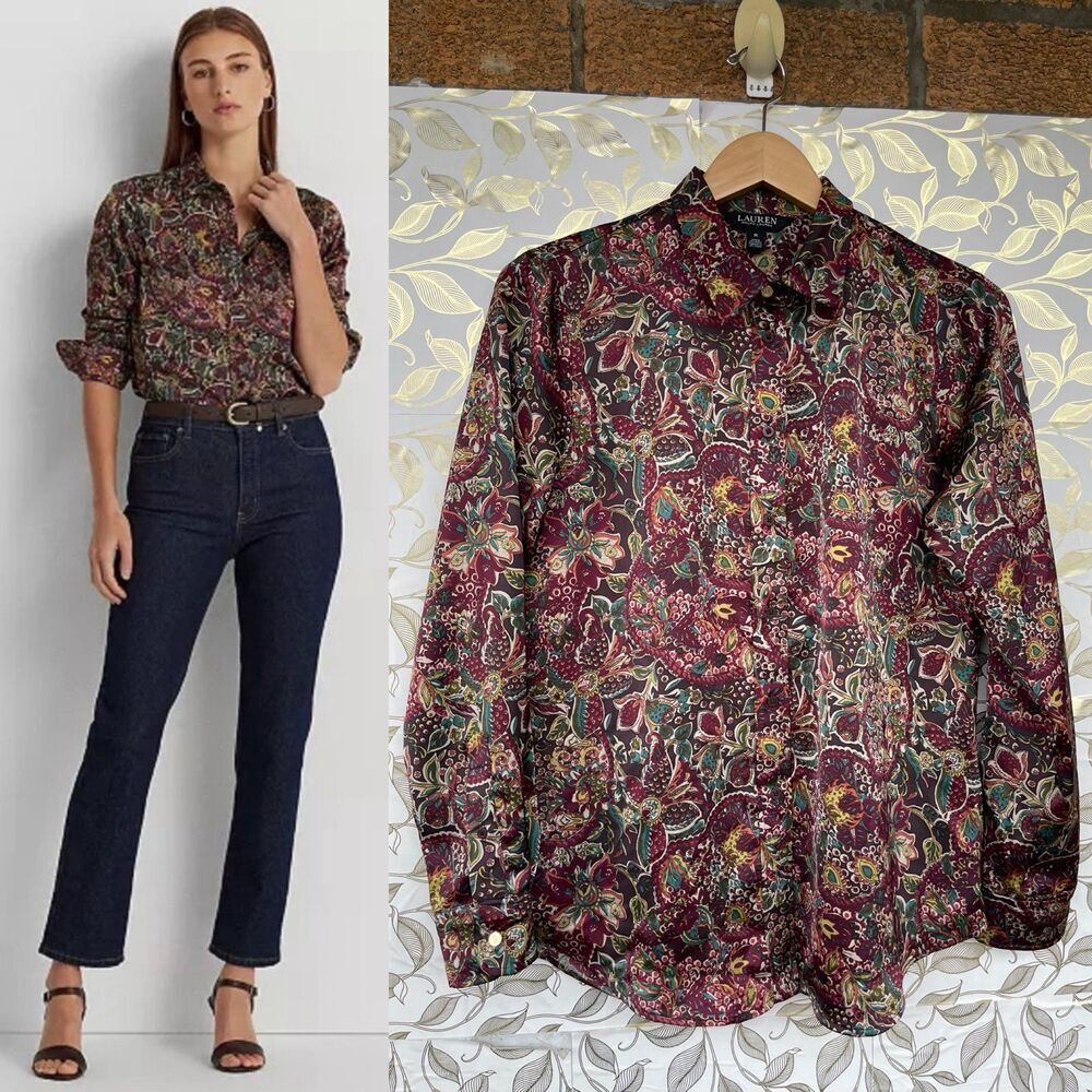 Lauren Ralph Lauren Boho Paisley Button Down Shirt Plum Satiny Quiet Luxury M